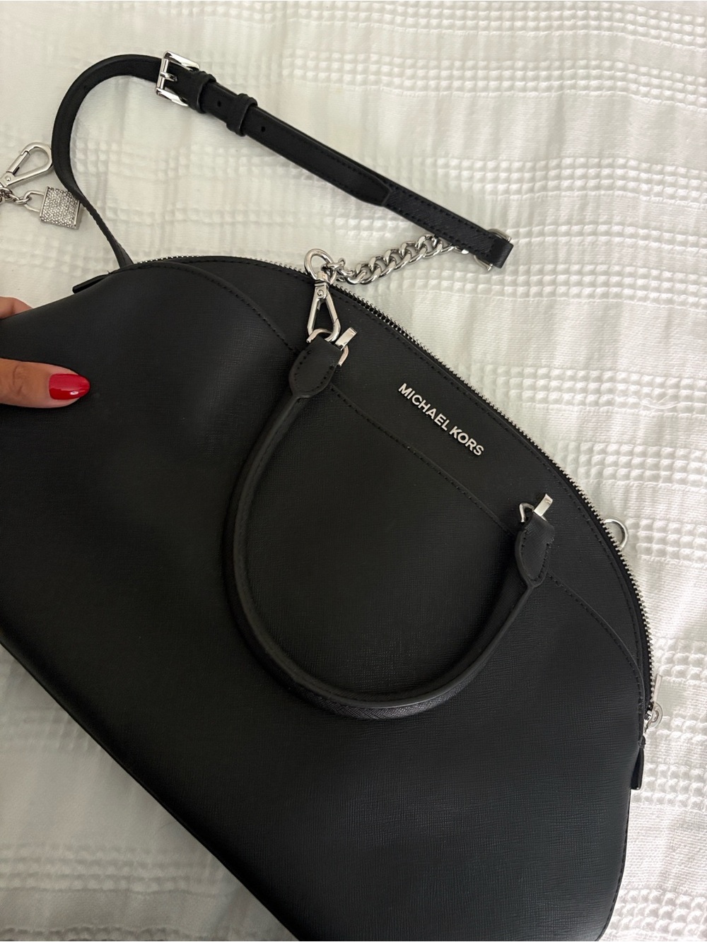 Michael Kors Black Leather Shoulder Bag with Silver Chain Accent